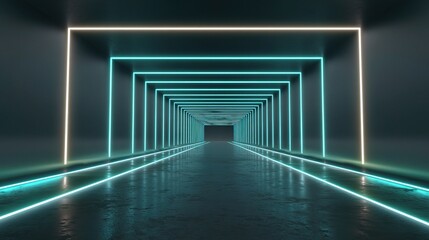 Poster - Neon Lit Tunnel Perspective with Glowing Light Strips