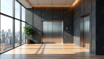Poster - Modern office lobby with large glass windows overlooking city skyline, elevator doors. Dark walls, wooden floor with sunny shadows. Business center, reception area, interior design.