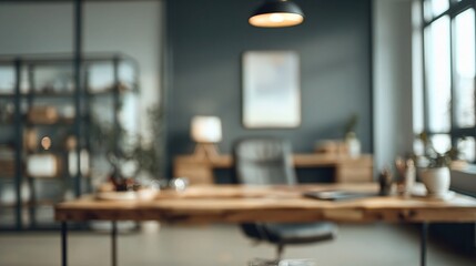 Poster - Modern Blurred Managerial Workspace with Desk and Lamp Lighting