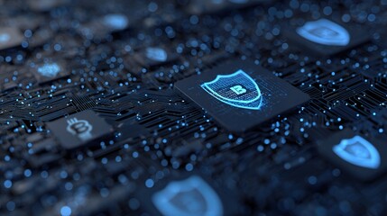Poster - Digital Security Dashboard with Shield Motifs and Tech Features