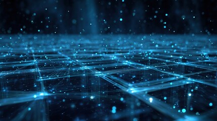 Poster - Futuristic Blue Digital Grid Background with Floating Particles