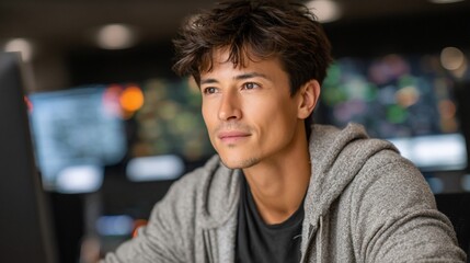 Pensive man in gray hoodie works at a workstation