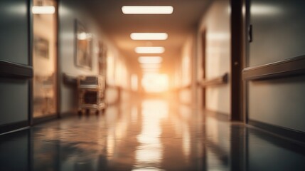 Poster - Warm Light Blurred Hospital Corridor with Tranquil Ambience