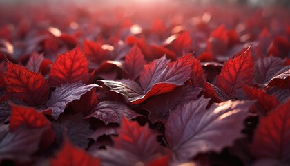 Poster - Close-up photo red autumn leaves. Natural, textured surface shows details. Warm sunlight backlights leaf veins. Fall season colors, autumn season scenery. Ideal for backgrounds, seasonal projects.