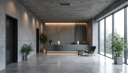 Poster - Modern office interior with minimalist design. Concrete walls, flooring, ceiling. Discreet ceiling cassette air conditioning system. Reception desk with lights, plants. Big window, city view, waiting