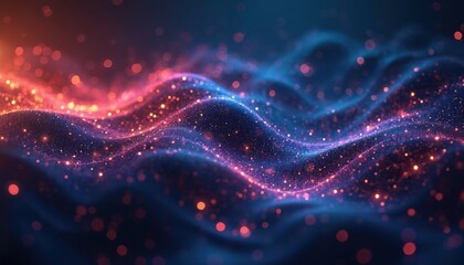 Aufkleber - Abstract digital art background with flowing particles. Blue, red, orange glowing waves create modern tech design. Futuristic illustration for tech presentations, websites, covers.