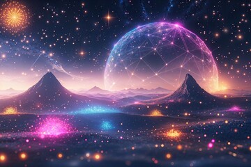 Poster - Vibrant Cosmic Landscape with Radiant Particles and Geometric Light Designs