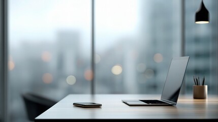 Poster - Personal Workspace with Laptop and Blurred Background