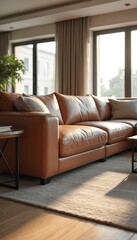 Poster - Elegant living room design. Comfortable modern sofa in stylish apartment. Brown leather couch, pillows. Decor and interior home. Sunlight from window, natural light, creates inviting cozy atmosphere.
