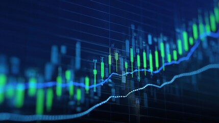 Poster - Glossy Blue Background with Green Candlesticks and Data Visualization
