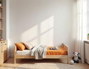 Leinwandbilder - Scandinavian style child room interior design. Mockup of an empty white wall above bed for picture. Children room with furniture toys. Cozy kid room with bed pillows and soft blanket. Home decor.