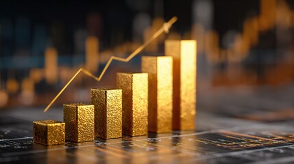 Poster - Shiny Golden Bar Graph and Line Chart on Dark Background