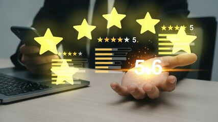 Poster - Person holding phone with laptop and rating stars overlay showing a five star rating score