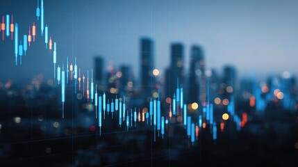 Poster - Digital Composite of Blue Candlestick Chart on City Background
