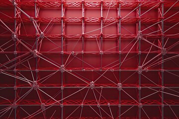Poster - Innovative Techspace Mesh Design on Red Canvas Featuring Interwoven Lines and Cutting-Edge Network Concepts