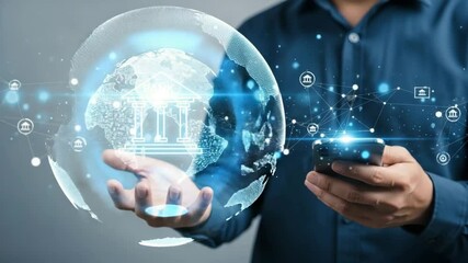 Poster - A man holding a phone with a digital bank building and network overlayed on a world globe above hand