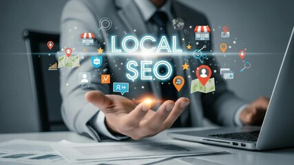 Poster - A man in a suit holding local seo text with icons floating above his hand near a laptop computer