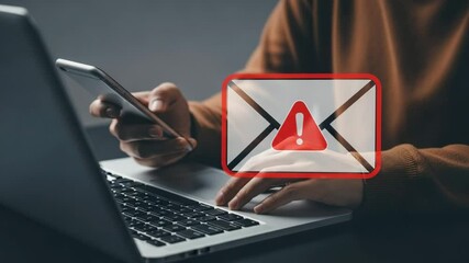 Poster - Person using laptop and phone with email warning sign overlay indicating potential phishing threat online