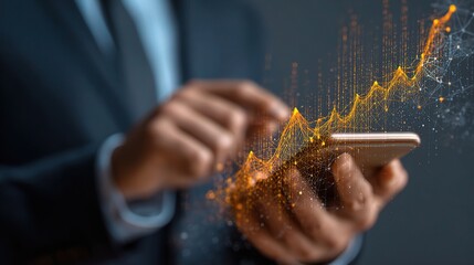 Poster - Businessman Swiping Smartphone with Data Network Overlay Visualization