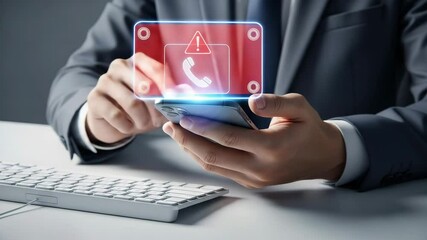 Poster - Man holding smartphone with call alert notification over keyboard on a white surface at a desk