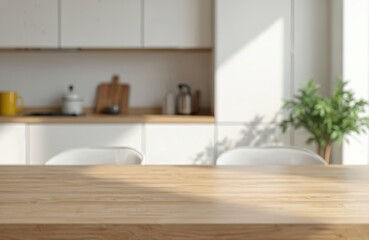 Aufkleber - Blurred modern kitchen interior with wood table, white furniture. Sunlight brightens the space. Minimalist design with neutral tones. Space for product display. Calm atmosphere.