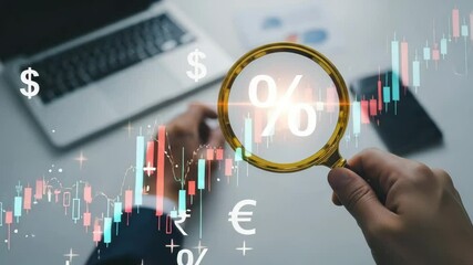 Aufkleber - Person holding magnifying glass over percentage sign with laptop and currency symbols overlayed