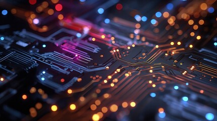 Poster - Vibrant Abstract Circuit Board Layout with Data Pathways and Lights