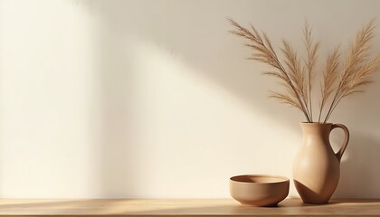 Poster - Minimalistic interior design with pottery decoration. Neutral beige color palette, wooden table, dried plants in ceramic vase. Sunlight shadow creates soft light, adds depth. Modern, calm, home decor