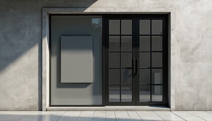Aufkleber - Modern shop front. Building facade with commercial entrance, blank sign. Contemporary architecture, interior design concept for business marketing. Urban design property.