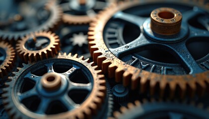 Poster - Close-up mechanical gears cogs working together, teamwork, business, tech, industry. Metallic texture, engineering, industry, cooperation, innovation. Concept of progress, efficiency, technology,