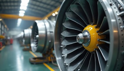 Poster - Aeronautical turbine in workshop. Technology, engineering, mechanical components, part assembly. Production, repair, maintenance, manufacturing in aircraft industry. Metal rotor blades with yellow