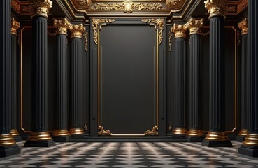 Aufkleber - Illustration of luxury interior with large pillars, gold decor and black walls. Empty room with checkered floor. Royal carvings. Gold frame. Elegant architectural design.