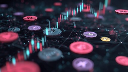 Poster - 3D Rendered Concept of Forex Trading Graphs and Blockchain Elements