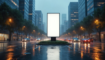 Poster - Rainy city at twilight. Empty white billboard sign, wet street with car traffic. Skyscrapers, office buildings background, gloaming urban landscape, moody weather, dark sky, advertisement space.