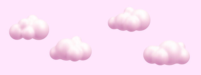 Aufkleber - Group of 3d light pink puffy cartoon clouds floating isolated on a pale pink background in a playful style. Vector graphics.