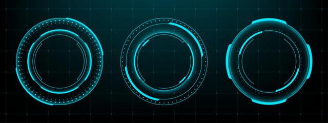 Fototapete - Three blue futuristic hud vector graphic circles on a grid background. Tech interface display for data visualization.