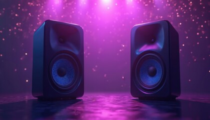 Aufkleber - Two black speakers on stage with purple lighting, reflecting on surface. Concert party concept. Loud music. Sound system creates festive atmosphere. Nightclub show, disco, event, performance,
