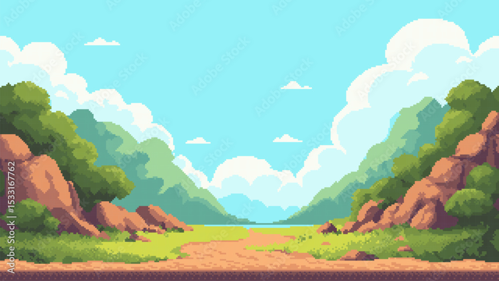 Pixel art game level vector displaying a vibrant valley with green ...