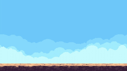 Aufkleber - Pixel art game level vector banner with blue sky, clouds, and brown ground. Retro 8 bit style digital background.