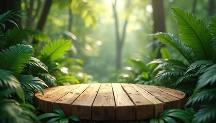 Poster - Wooden platform in rich green tropical forest. Natural sunlight, sunbeams highlight product. Wooden round stage in jungle environment. Product placement, display, showcase concept. Nature background,