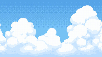 Poster - Pixel art cloud and sky background with blue color for game level. Game environment element in old retro style. Vector graphics.