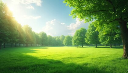 Poster - Green lawn, rich trees, blue sky. Fresh green field, sunlight, sunny day. Beautiful nature scenery, background for design, concepts of spring, summer. Environment, eco-friendly, park, forest.