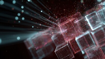 Fototapete - Abstract 3D Digital Background with Glowing Cube Nodes and Light Rays