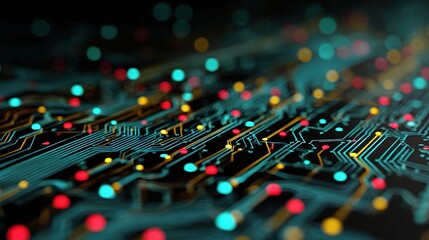 Fototapete - Vibrant Glowing Electronic Circuit Board Illustration in 2D Style