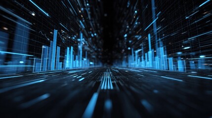Poster - 3D Rendered Floating Blue Bar Line Charts in Digital Environment