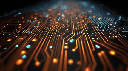 Fototapete - Abstract Circuit Board Texture in Orange and Blue on Black Background