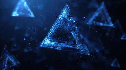 Poster - Luminous Floating Triangles Rotating in Deep Blue Space