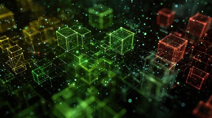 Aufkleber - 3D Digital Background with Tech Nodes and Floating Cubes