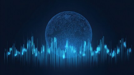 Fototapete - Modern Technology Background with Wireframe Globe and Sound Waves