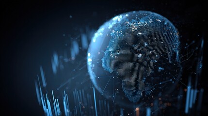 Poster - Blue Digital Globe with Chart Bars Jutting Out in Futuristic Style